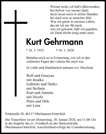 Traueranzeige von Kurt Gehrmann von Wochen-Anzeiger Oberhausen