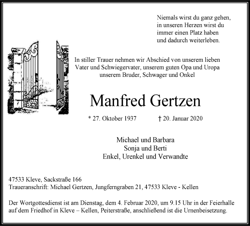  Traueranzeige für Manfred Gertzen vom 29.01.2020 aus Klever Wochenblatt