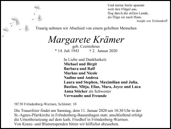 Traueranzeige von Margarete Krämer von Stadtspiegel Menden + Froendenberg