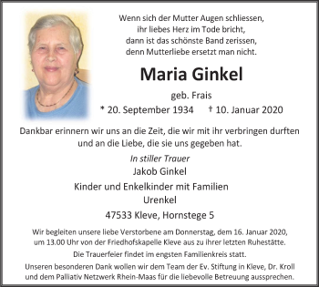 Traueranzeige von Maria Ginkel von Klever Wochenblatt