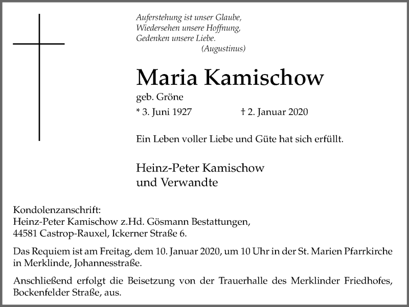  Traueranzeige für Maria Kamischow vom 08.01.2020 aus Stadtanz.Castrop-Rauxel