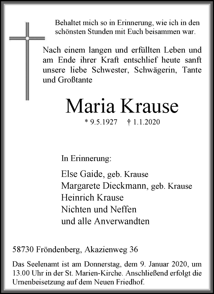 Traueranzeige für Maria Krause vom 08.01.2020 aus Stadtspiegel Menden + Froendenberg