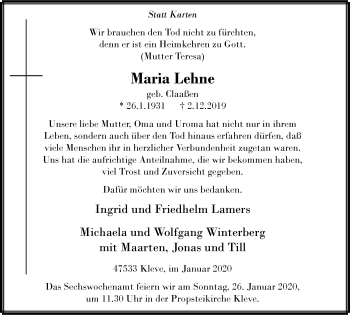 Traueranzeige von Maria Lehne von Klever Wochenblatt