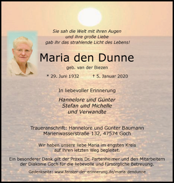 Traueranzeige von Maria den Dunne von Gocher Wochenblatt