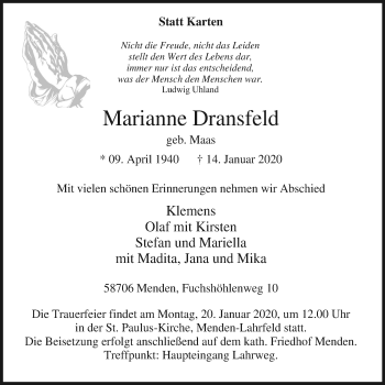 Traueranzeige von Marianne Dransfeld von Stadtspiegel Menden + Froendenberg