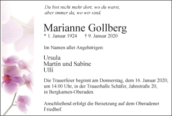 Traueranzeige von Marianne Gollberg von Lüner Anzeiger