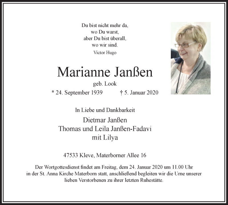  Traueranzeige für Marianne Janßen vom 22.01.2020 aus Klever Wochenblatt