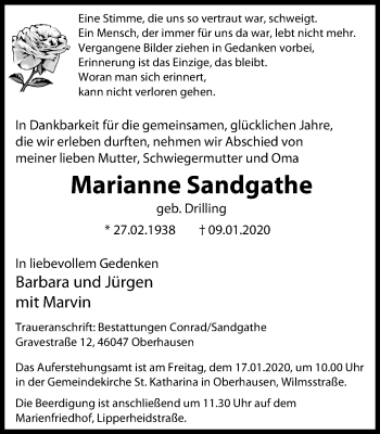 Traueranzeige von Marianne Sandgathe von Wochen-Anzeiger Oberhausen