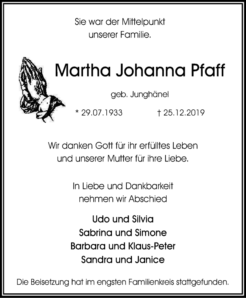  Traueranzeige für Martha Johanna Pfaff vom 04.01.2020 aus Stadtspiegel Bottrop