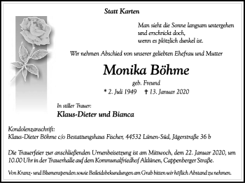 Traueranzeige von Monika Böhme von Lüner Anzeiger