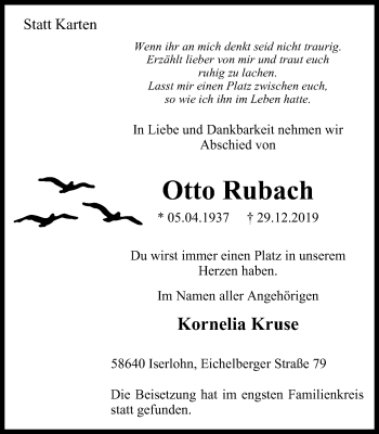 Traueranzeige von Otto Rubach von Stadtspiegel Iserlohn + Hemer