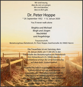 Traueranzeige von Peter Hoppe von Stadtspiegel Kamen + Unna