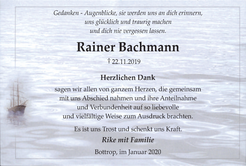  Traueranzeige für Rainer Bachmann vom 11.01.2020 aus Stadtspiegel Bottrop