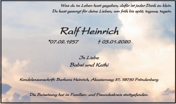 Traueranzeige von Ralf Heinrich von Stadtspiegel Menden + Froendenberg