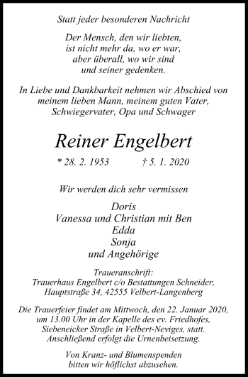 Traueranzeige von Reiner Engelbert von Stadtanzeiger Velbert + Heiligenhaus