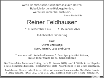 Traueranzeige von Reiner Feldhausen von WVW Anzeigenblätter