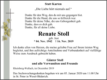 Traueranzeige von Renate Stoll von Der Weseler + Der Xantener