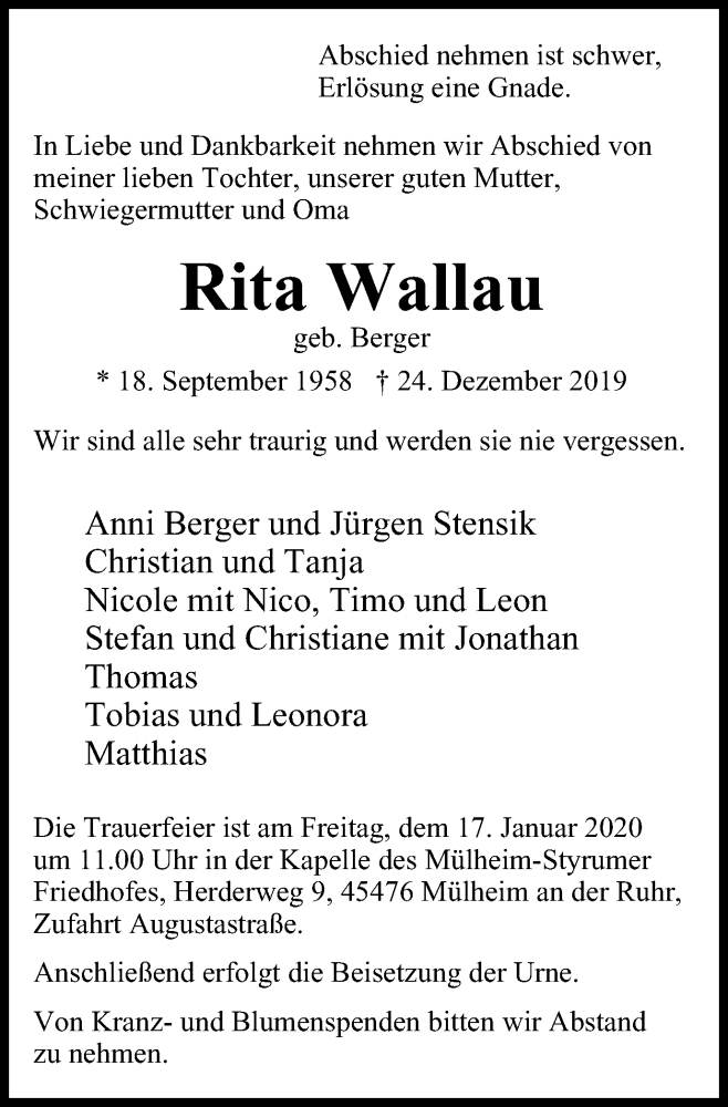  Traueranzeige für Rita Wallau vom 15.01.2020 aus Mülheimer Woche