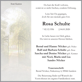 Traueranzeige von Rosa Schulte von Kombi WA Arnsberg + Sundern