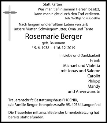 Traueranzeige von Rosemarie Berger von Wochen-Anzeiger Langenfeld/Monheim/Hilden