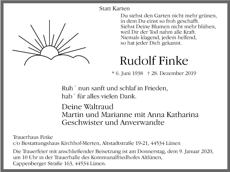  Traueranzeige für Rudolf Finke vom 04.01.2020 aus Lüner Anzeiger
