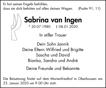 Traueranzeige von Sabrina van Ingen von Wochen-Anzeiger Oberhausen
