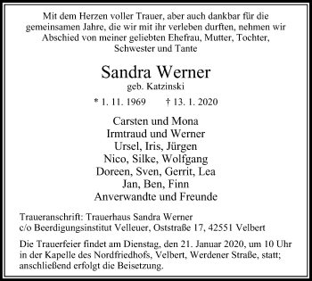 Traueranzeige von Sandra Werner von Stadtanzeiger Velbert + Heiligenhaus