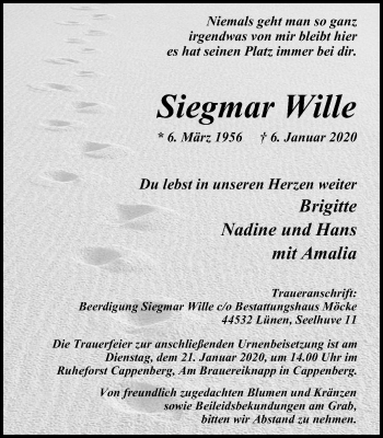 Traueranzeige von Siegmar Wille von Lüner Anzeiger