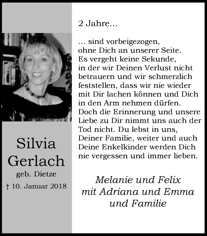  Traueranzeige für Silvia Gerlach vom 11.01.2020 aus Wochen-Anzeiger Langenfeld/Monheim/Hilden