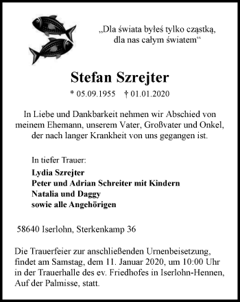 Traueranzeige von Stefan Szrejter von Stadtspiegel Iserlohn + Hemer