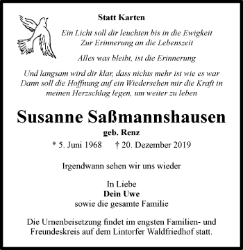 Traueranzeige von Susanne Saßmannshausen von WVW Anzeigenblätter