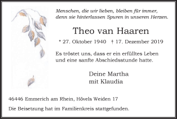 Traueranzeigen von Theo van Haaren | Trauer-in-NRW.de