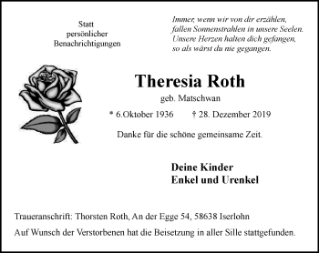 Traueranzeige von Theresia Roth von Stadtspiegel Iserlohn + Hemer