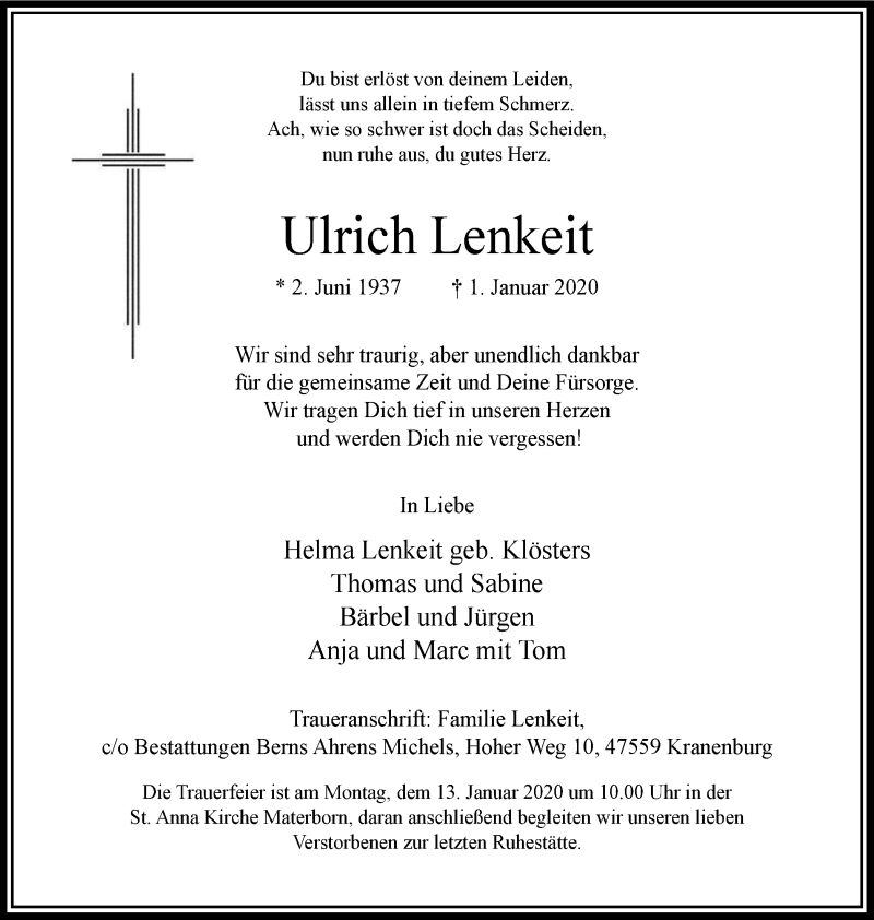  Traueranzeige für Ulrich Lenkeit vom 08.01.2020 aus Klever Wochenblatt