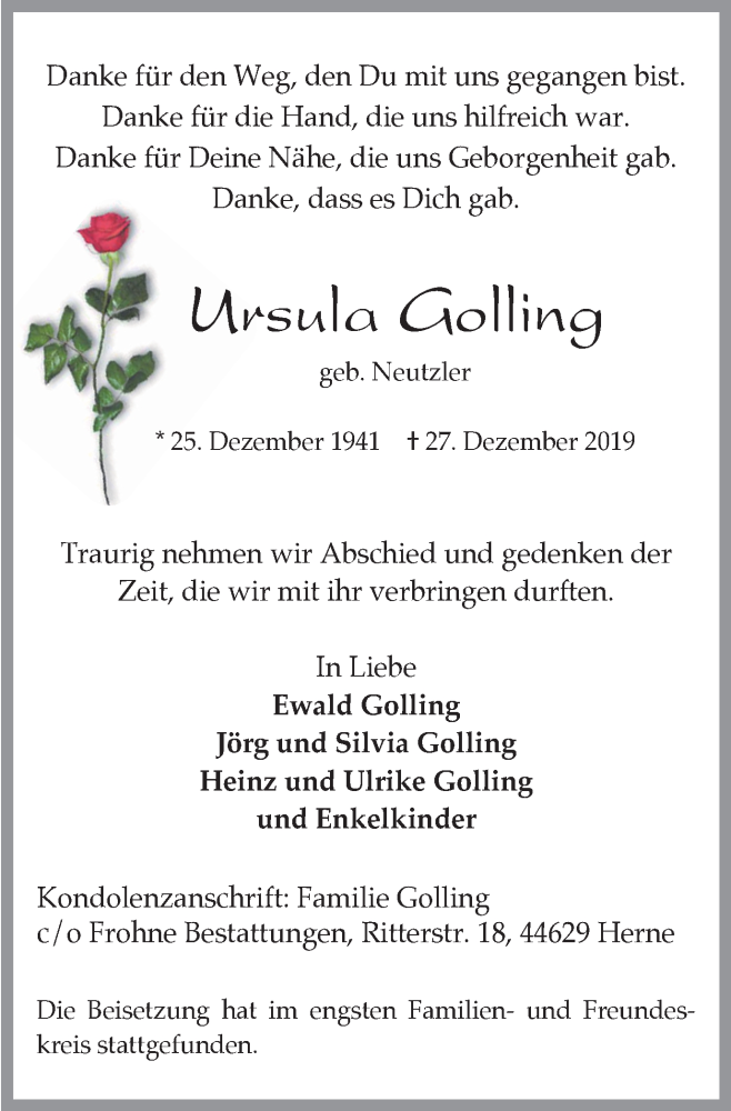  Traueranzeige für Ursula Golling vom 11.01.2020 aus Wochenblatt Herne/Wanne-Eickel
