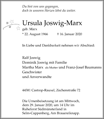 Traueranzeige von Ursula Joswig-Marx von Stadtanz.Castrop-Rauxel