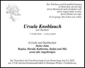 Traueranzeige von Ursula Knoblauch von Stadtspiegel Hattingen/Niedersprockhövel