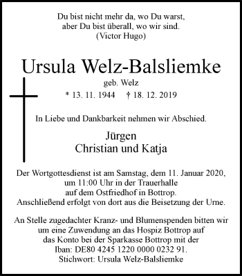 Traueranzeige von Ursula Welz-Balsliemke von Stadtspiegel Bottrop