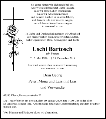 Traueranzeige von Uschi Bartosch von Klever Wochenblatt