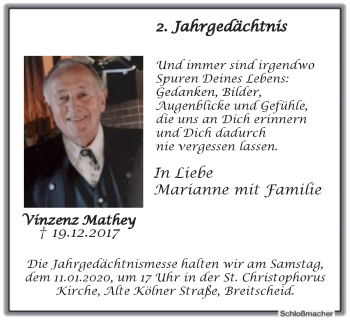 Traueranzeige von Vinzenz Mathey von WVW Anzeigenblätter
