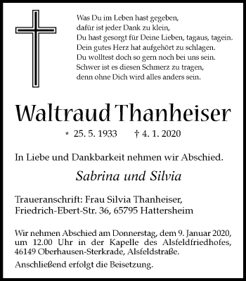 Traueranzeige von Waltraud Thanheiser von Wochen-Anzeiger Oberhausen