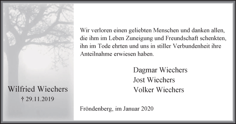  Traueranzeige für Wilfried Wiechers vom 11.01.2020 aus Stadtspiegel Menden + Froendenberg
