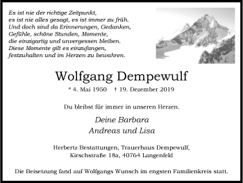 Traueranzeige von Wolfgang Dempewulf von Wochen-Anzeiger Langenfeld/Monheim/Hilden
