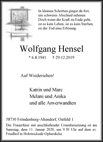 Traueranzeige von Wolfgang Hensel von Stadtspiegel Menden + Froendenberg