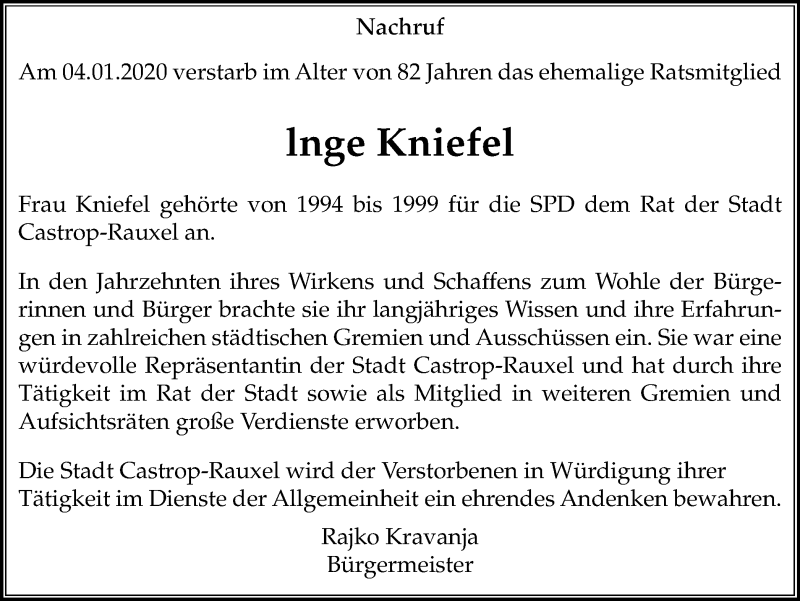  Traueranzeige für lnge Kniefel vom 11.01.2020 aus Stadtanz.Castrop-Rauxel