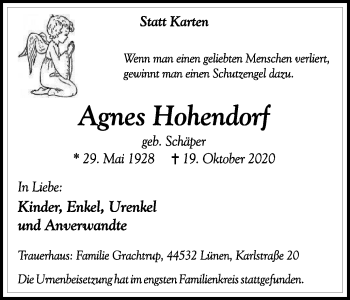 Traueranzeige von Agnes Hohendorf von WVW Anzeigenblätter