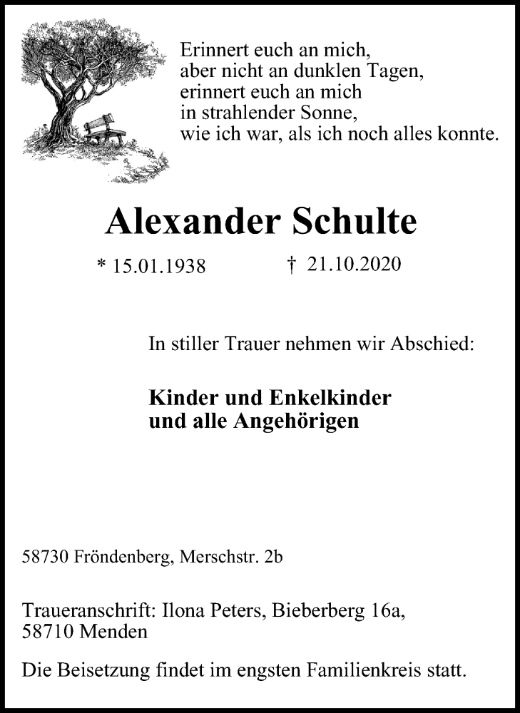  Traueranzeige für Alexander Schulte vom 31.10.2020 aus WVW Anzeigenblätter