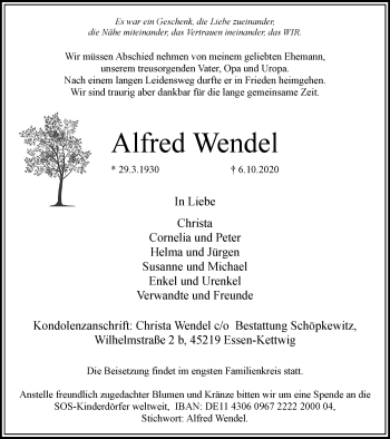 Traueranzeige von Alfred Wendel von WVW Anzeigenblätter
