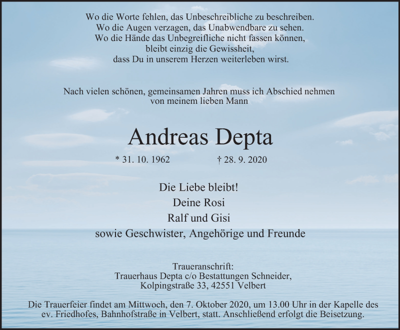  Traueranzeige für Andreas Depta vom 02.10.2020 aus WVW Anzeigenblätter