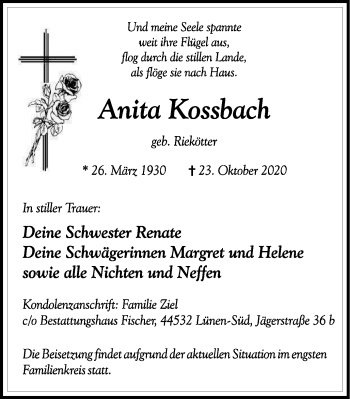 Traueranzeige von Anita Kossbach von WVW Anzeigenblätter